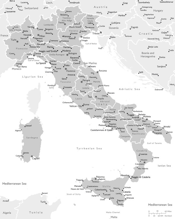 Poster Detailed map of Italy in grayscale