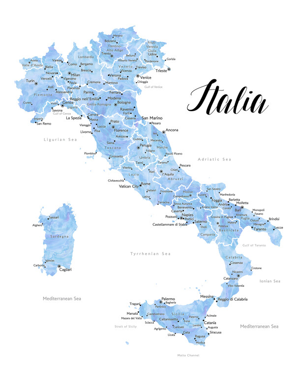 Poster Light blue watercolor map of Italy