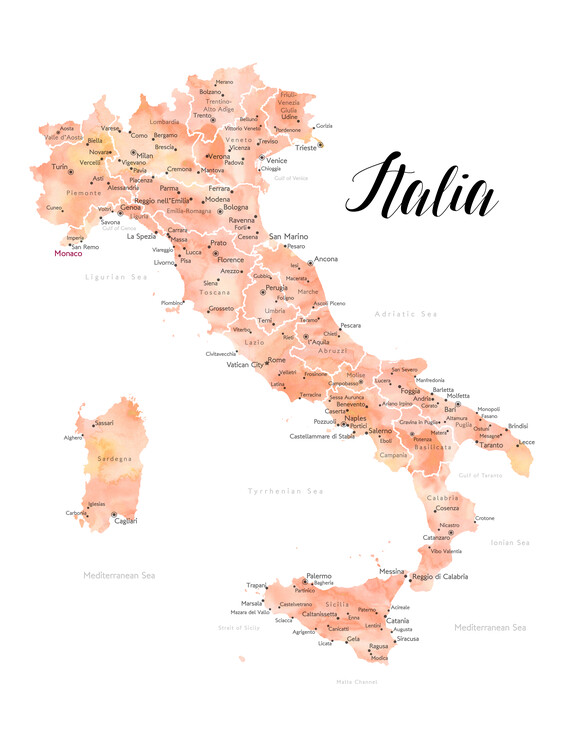 Poster Rose gold watercolor map of Italy