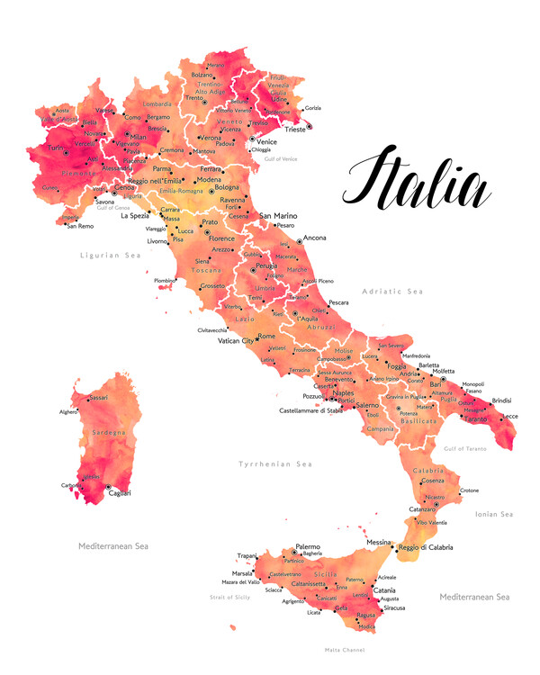 Poster Sunset watercolor map of Italy