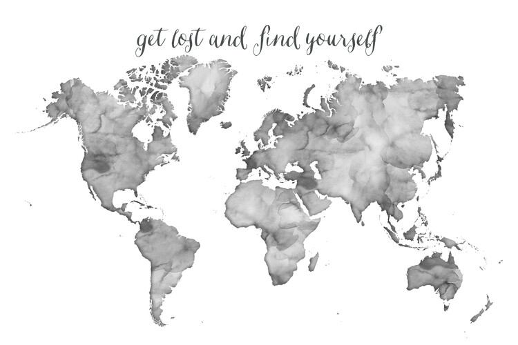 Poster Find yourself world map silhouette in gray watercolor