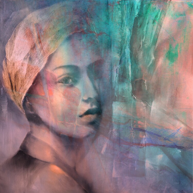 Plakat The girl with the golden hairscarf in the rose and turquoise light