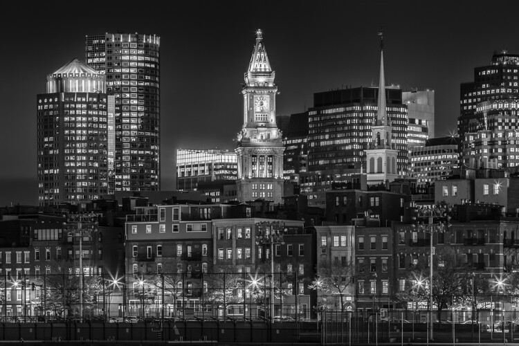 Plakát BOSTON Evening Skyline of North End & Financial District | Monochrome