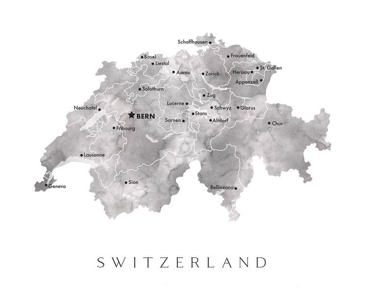 Poster Gray watercolor map of Switzerland with cities