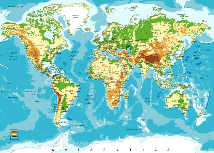 Poster Colorful Physical Political World Map.