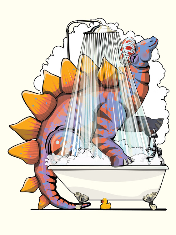 Poster Dinosaur Stegosaurus in the Shower, funny bathroom humour