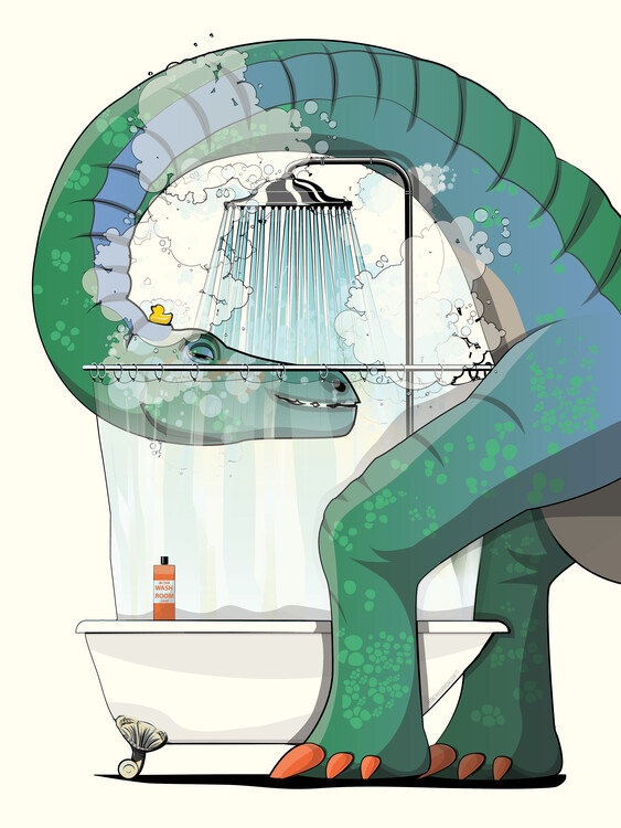 Poster Dinosaur Diplodocus in the Shower, funny bathroom humour