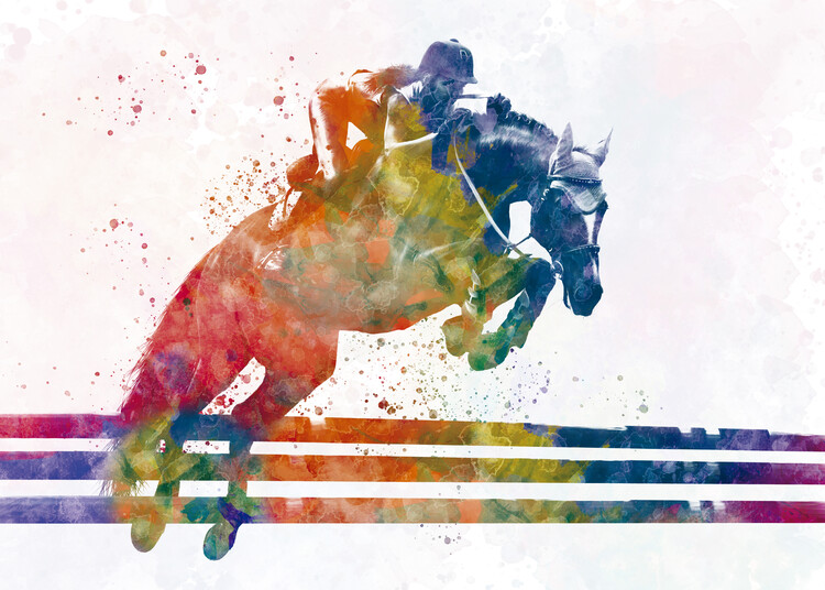 Poster horsewoman with her horse in watercolor