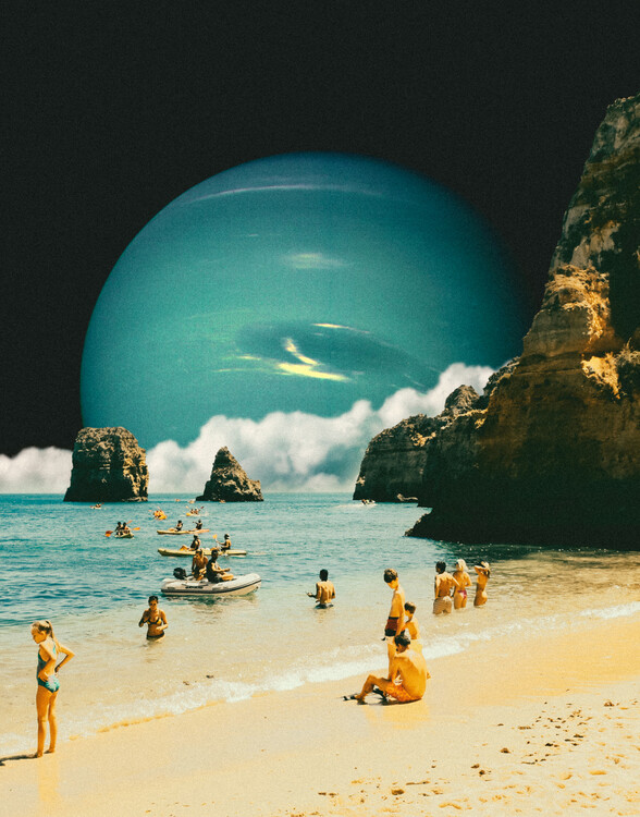 Poster Space Beach - Retro-Futuristic Collage Beach Art Design