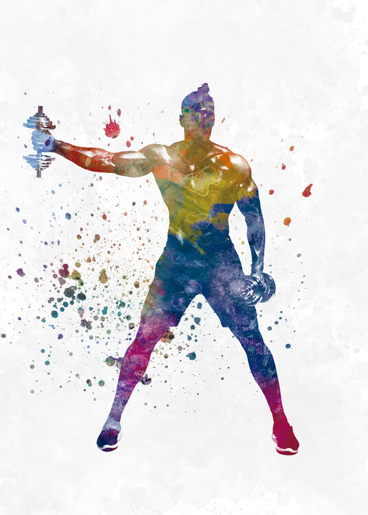 Poster Young man practices fitness exercise in watercolor