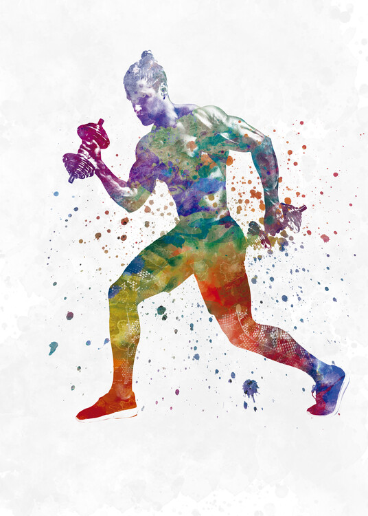Poster Young man practices fitness exercise in watercolor