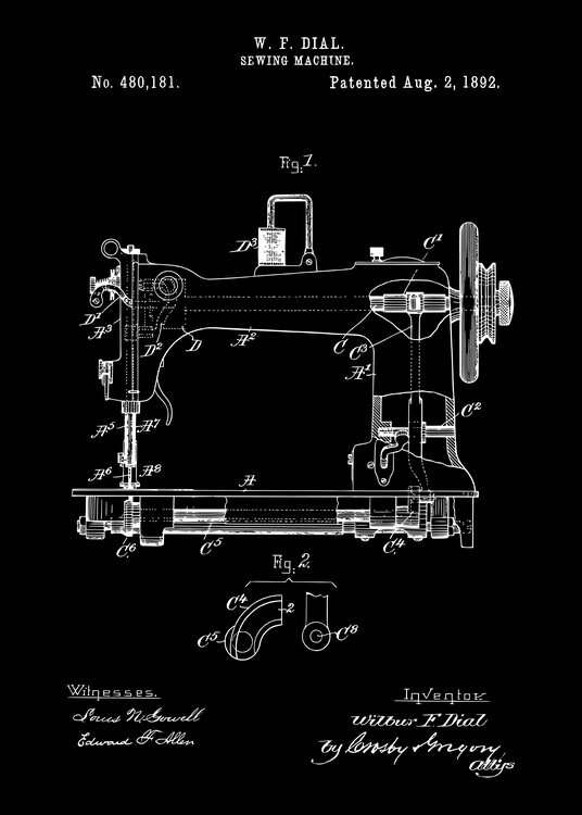 Plakát 1892 Vintage Sewing Machine Patent Art