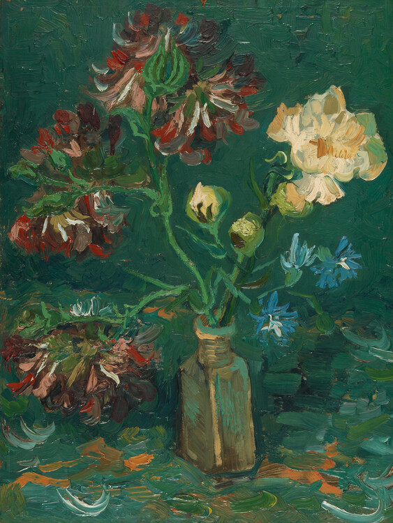 Poster Small Bottle with Peonies & Blue Delphiniums