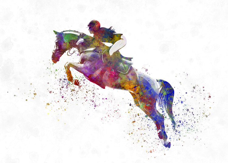 Poster horsewoman with her horse in watercolor