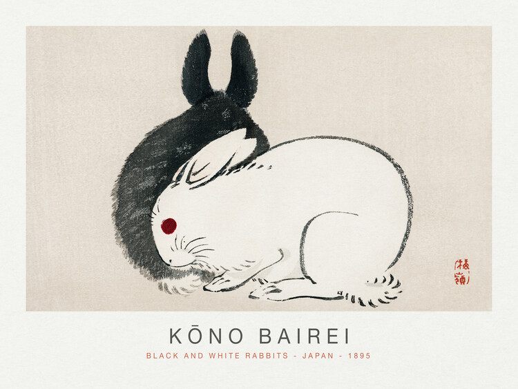 Poster Black & White Rabbits (Special Edition Japandi) - Kōno Bairei