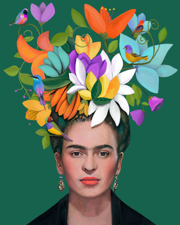 Poster Mexican woman with flowers and birds