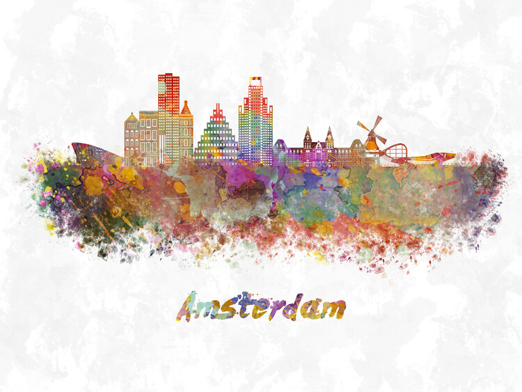 Poster Amsterdam skyline in watercolor