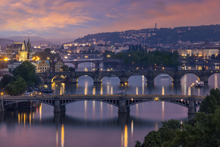 Poster Evening view over the Vltava bridges in Prague