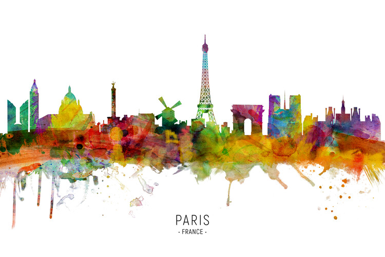 Плакат Paris France Skyline Cityscape Painting Watercolor