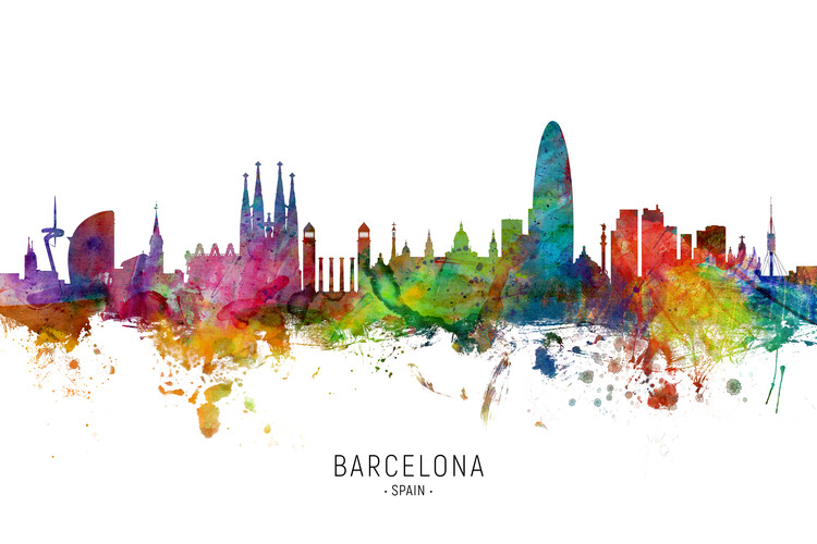 Плакат Barcelona Spain Skyline Cityscape Painting Watercolor