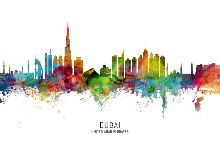 Плакат Dubai United Arab Emirates UAE Skyline Cityscape Painting Watercolor