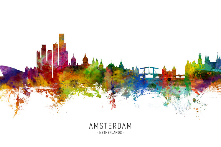 Плакат Amsterdam Netherlands Skyline Cityscape Painting Watercolor