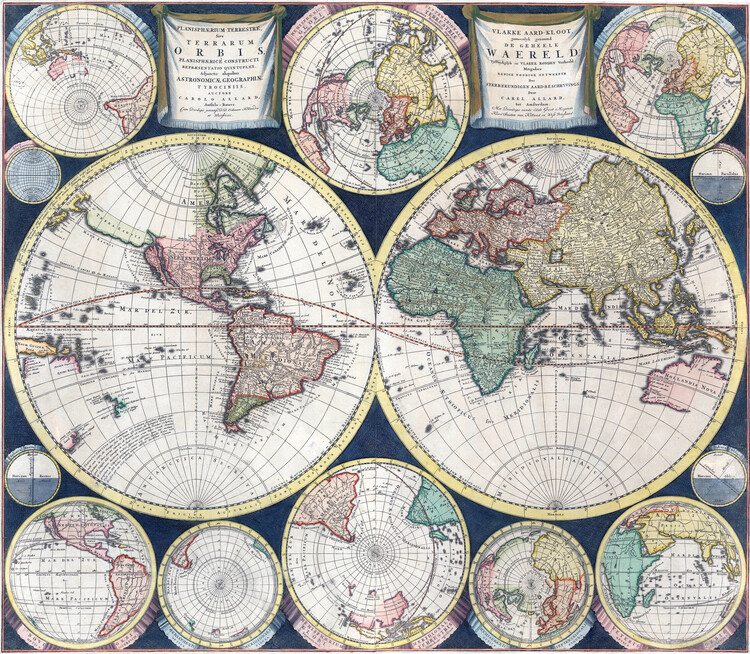 Poster 1696 multi hemispheric maps of the world - by Carel Allard