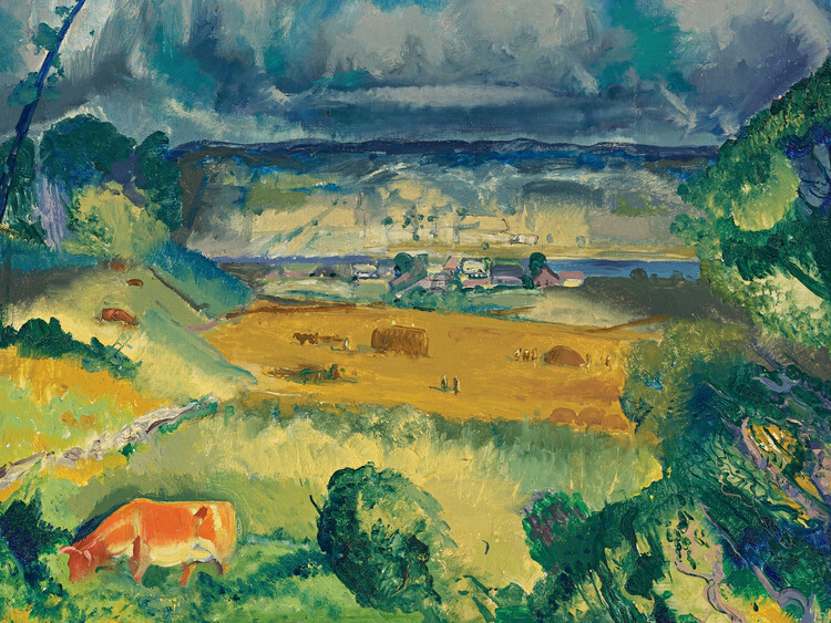 Canvas Print Cow Grazing in the Meadow (Cloudy Day) - George Wesley Bellows