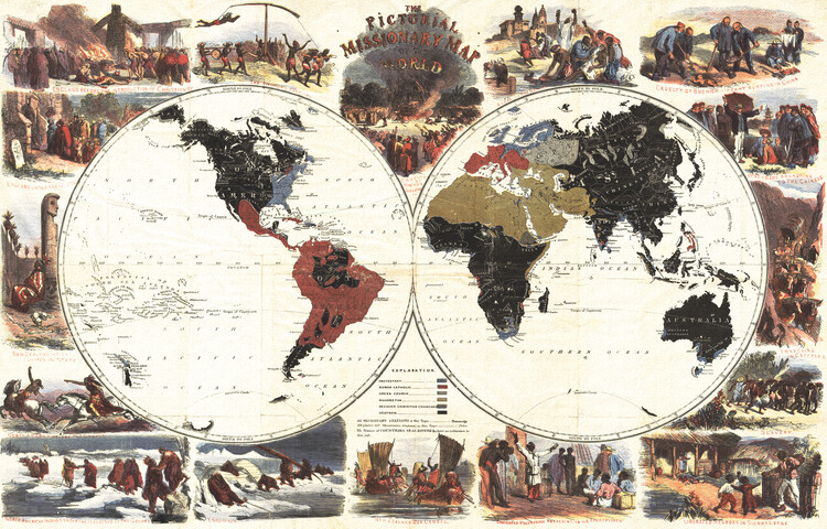 Plakát 1861 World Map - The pictorial missionary map of the world