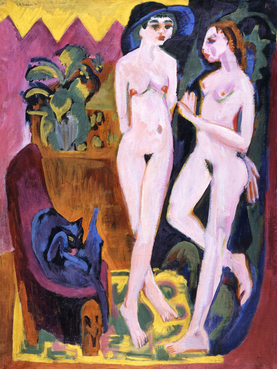Póster Two Nudes in a Room (Two Naked Female Figures With Exposed Breasts) - Ernst Ludwig Kirchner