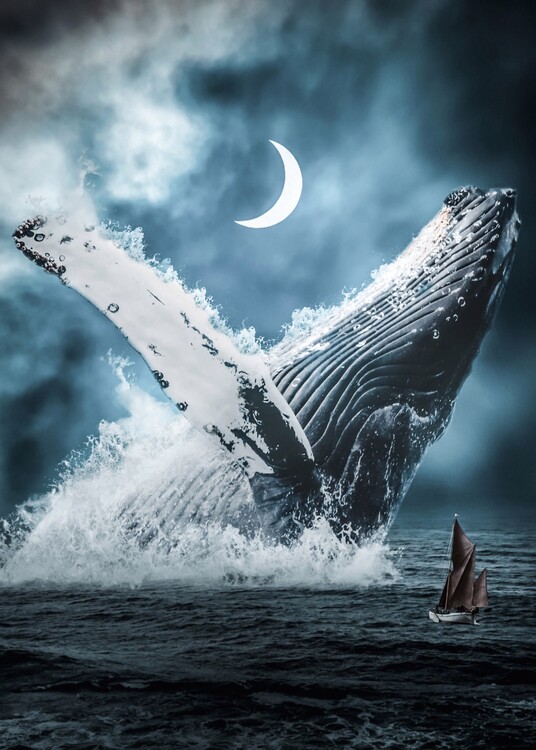 Poster Giant Blue Whale and Red Boat in Ocean