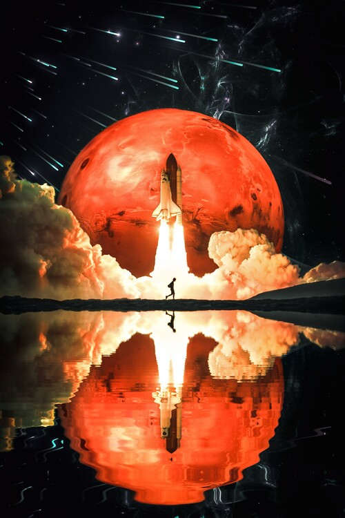 Poster Rocket take-off and water reflection