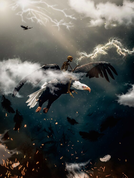 Poster Skeleton demon on eagle back in lightning sky