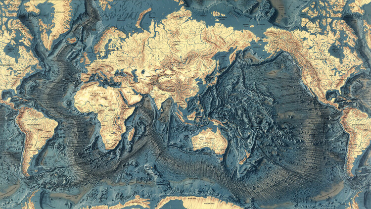 Plakát Map of the world's ocean floors and land relief