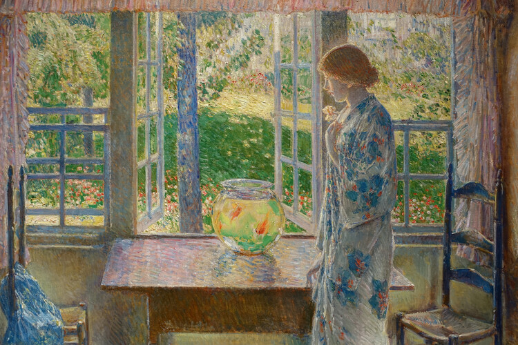 Плакат The Goldfish Window (Traditional Vintage Female Portrait of a Ginger Girl & A Gold fish Bowl) - Frederick Childe Hassam