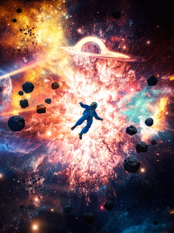 Plagát Space  Explosion Astronaut, Black Hole and Asteroids
