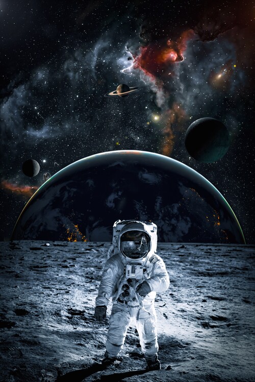 Poster Astronaut on grey moon and cosmos
