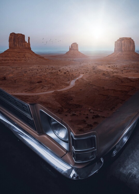 Plakát Classic Car and American Landscape Road
