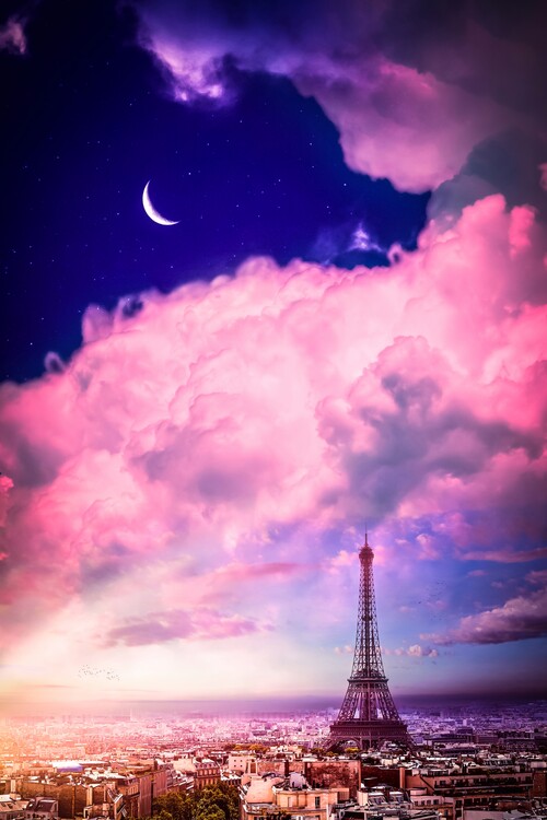 Poster Paris Eiffel Tower, pink clouds and crescent moon
