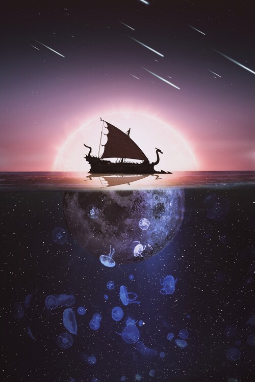 Poster Drakkar between sun and moon on the ocean