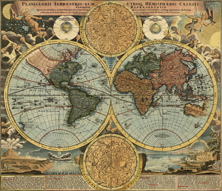 Canvas Print Vintage World Continents Map (1663)