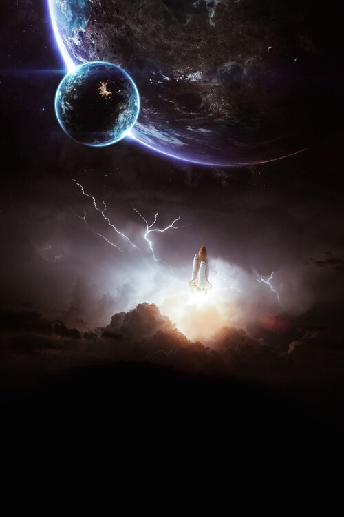 Poster Takeoff of the rocket in the lightning over the clouds