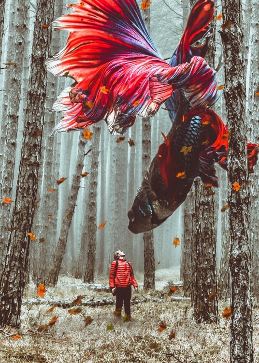Poster Beta fish swimming between the trees of a magical forest