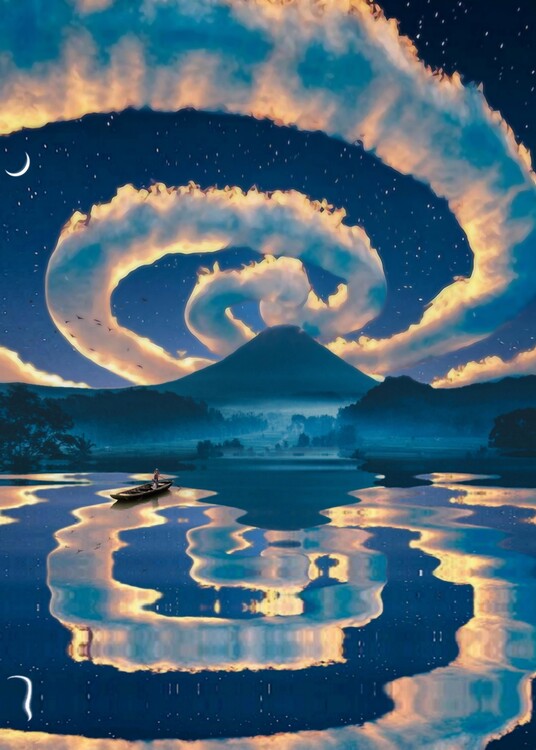 Poster Magic Clouds in starry night reflection