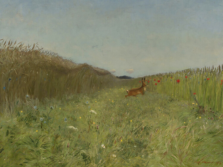Canvas Print A Hare in the Grain (Vintage Meadow Blossoms / Rabbit in a Flower Field / Spring & Summer) - Józef Chelmoński