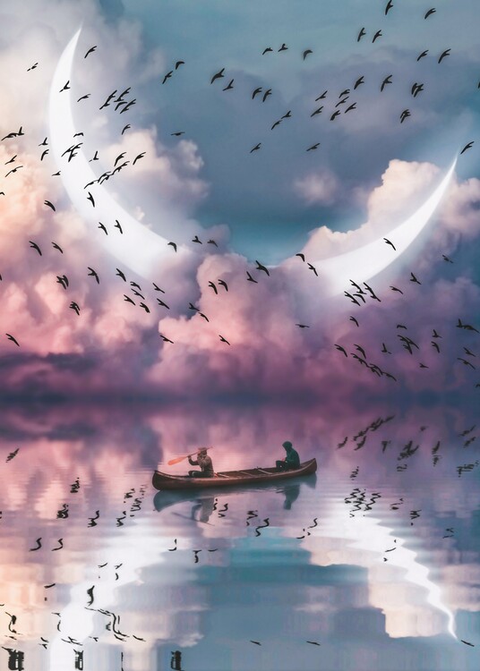 Poster Friends on a canoe on the river lit by the light of a crescent moon