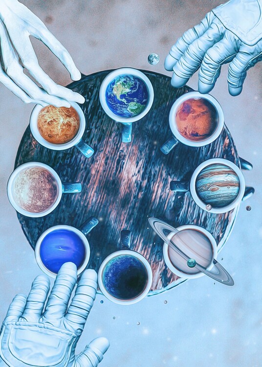 Poster Tasses de café du système solaire et mains d’astronaute et d’extraterrestre