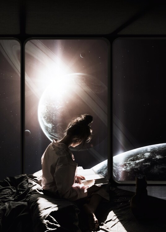 Plakat Teenager reading a book in his room with his cat in front of the planets in space