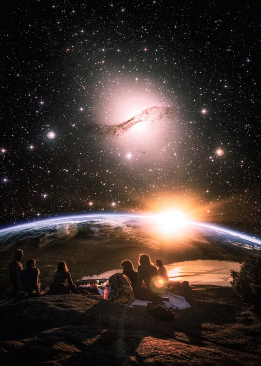 Plakat Friends on the edge of a cliff admire the beauty of the universe