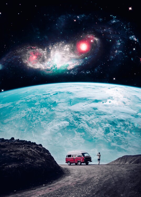 Canvas Print Red van trip on the road behind planet earth in universe
